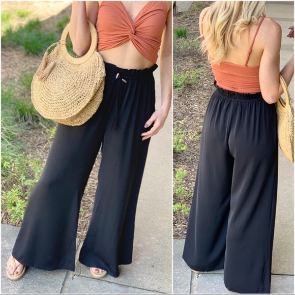 Black Wide Leg High Waist Drawstring Pants - Picture 2 of 3